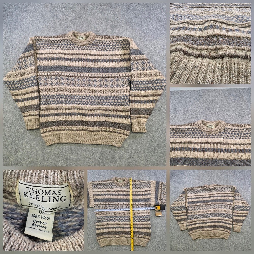Thomas Keeling Sweater Mens Large Beige Wool Fair Isle Crewneck Knit Pullover
